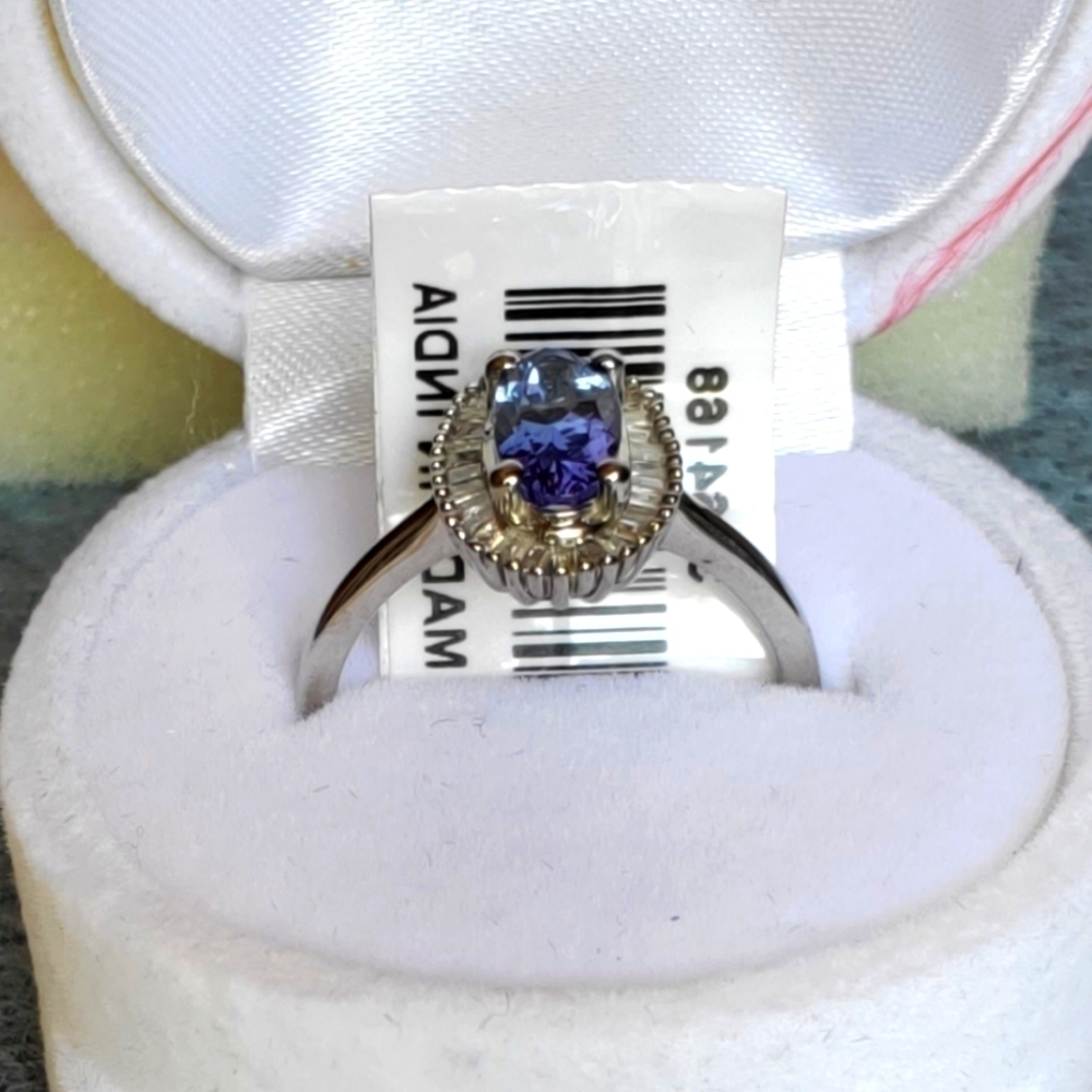 Tanzanite Diamond Halo Ring Platinum Over Sterling Silver Size 7